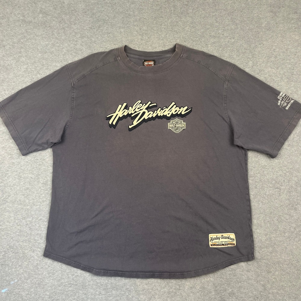 Vintage Harley Davidson T-Shirt Mens 2XL Gray Stubbs Houston Texas Distressed